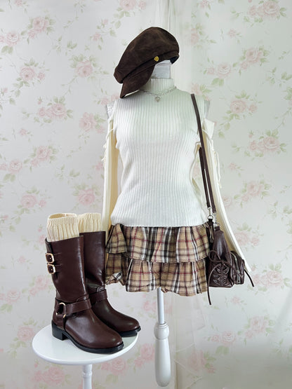 Shoujo Tiered Checked  Skirt (Milk Tea Beige)