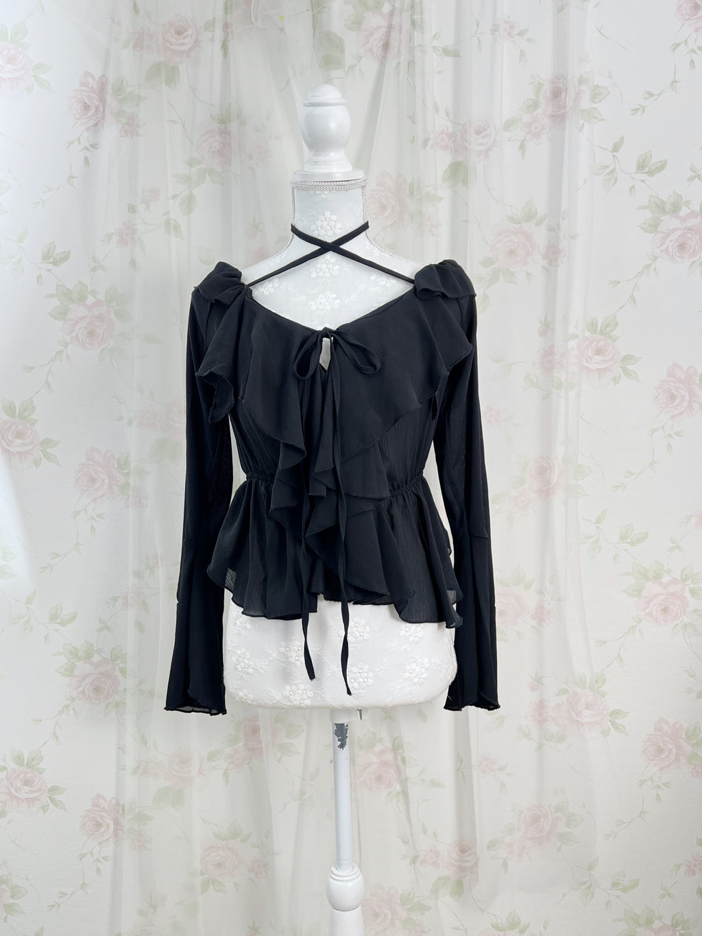 Crossed Neck Chiffon Top (Black)