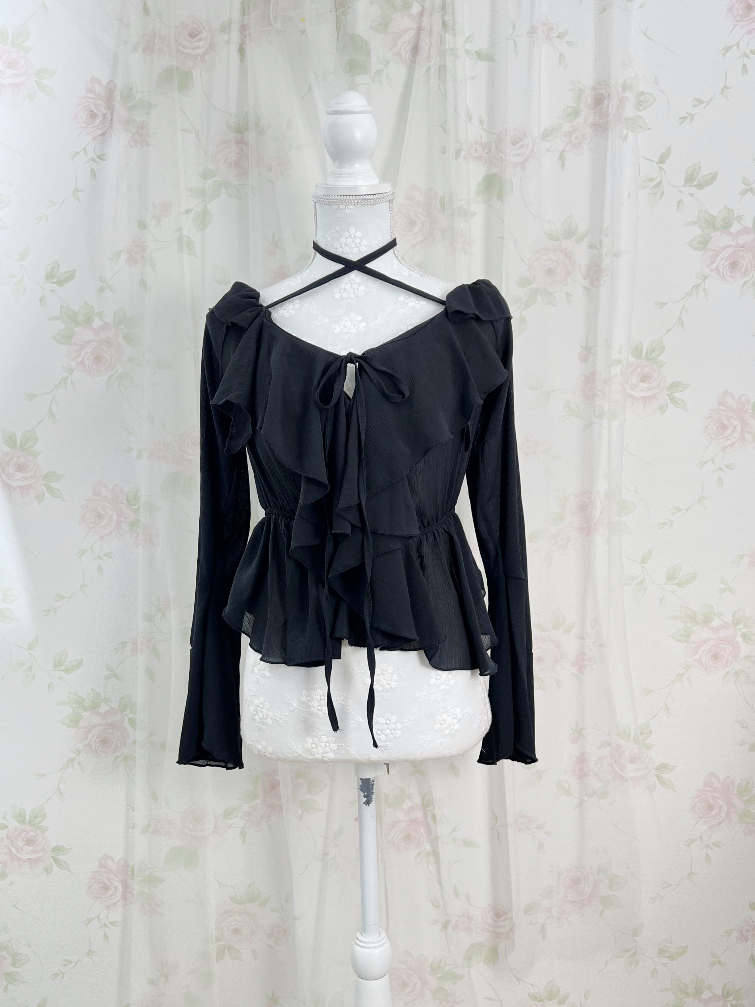 Crossed Neck Chiffon Top (Black)