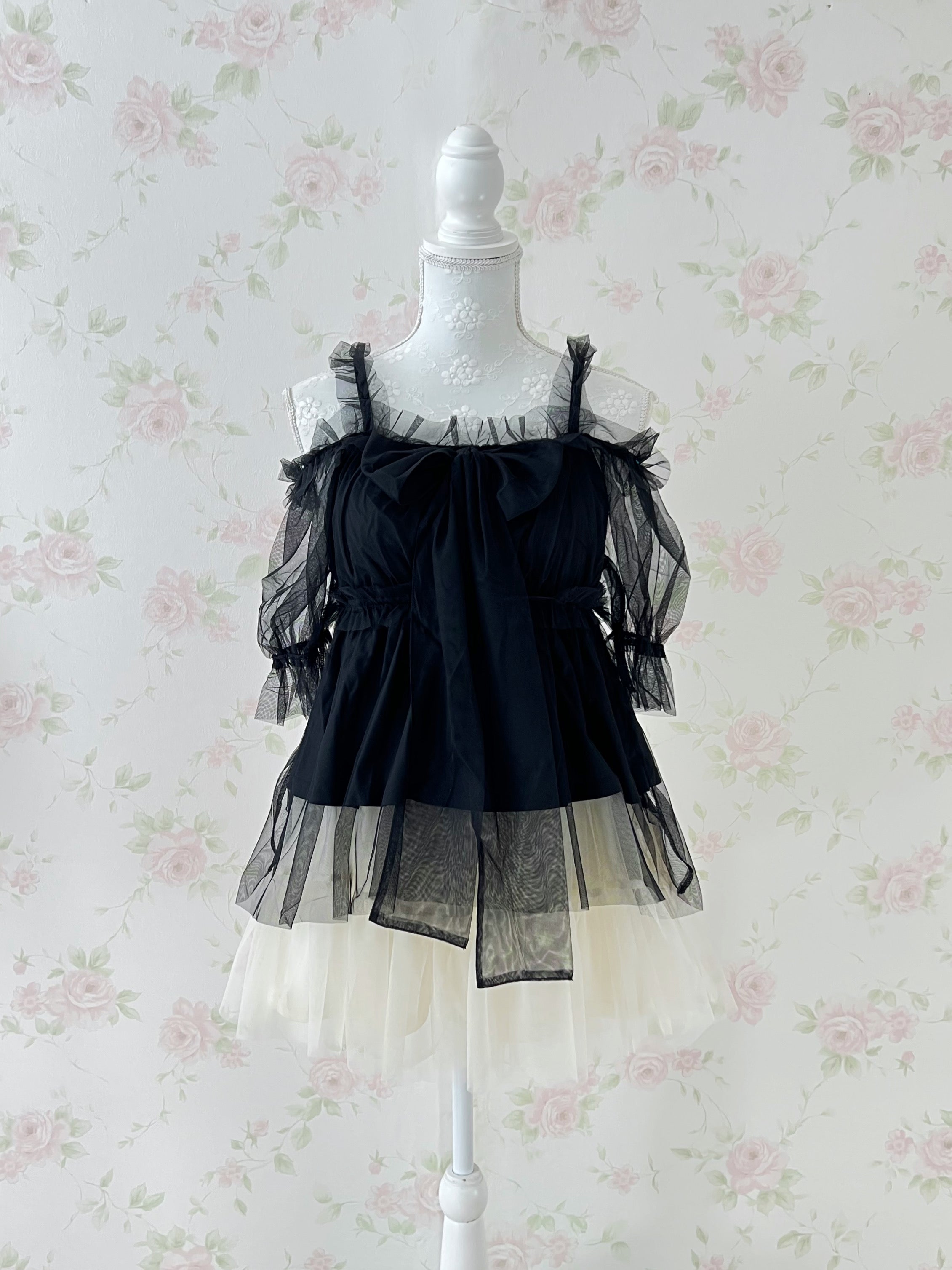 Chiffon Bow Tunic Top (Black)