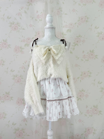 MultiPal Store Original Pom Pom Lace Strap Shaggy Sweater (Ivory)