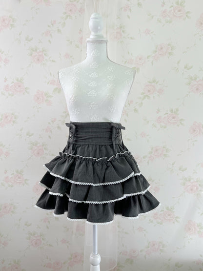 Pium Tiered High Waist Side Bow Skirt (Dark Gray)