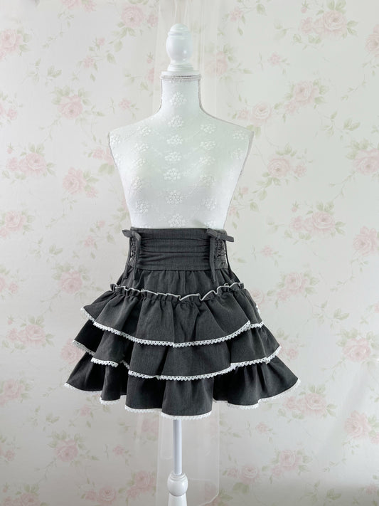 Pium Tiered High Waist Side Bow Skirt (Dark Gray)