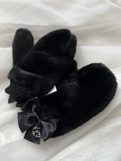 Kuromi Mitten Eco Fur Satin Bow Gloves