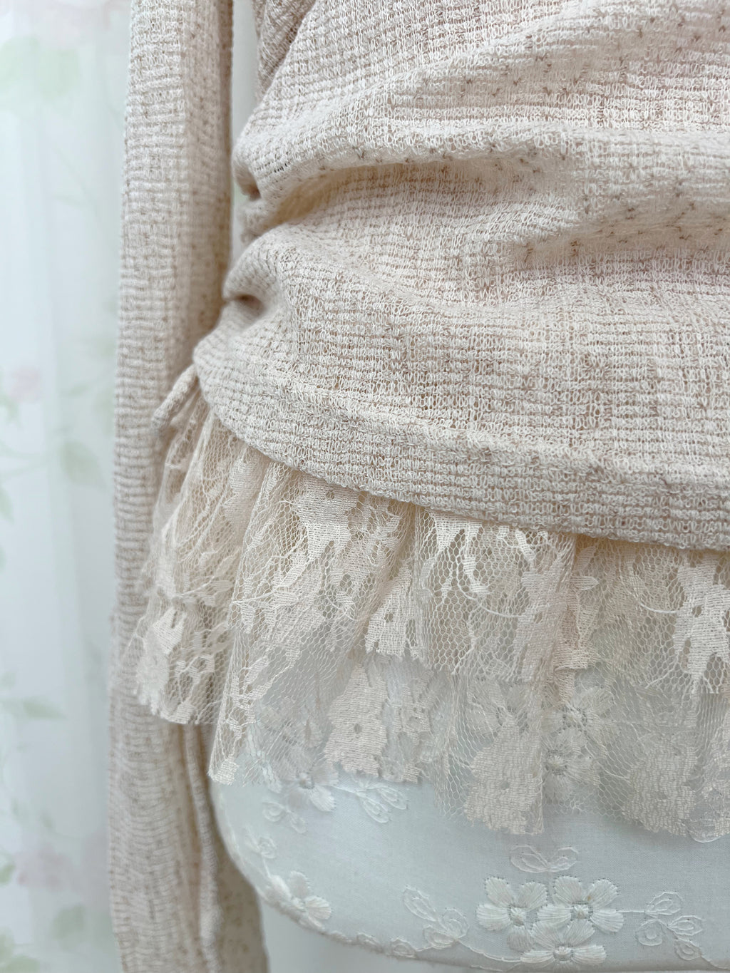 One Shoulder Knit Lace Camisole Set (Pink Beige)