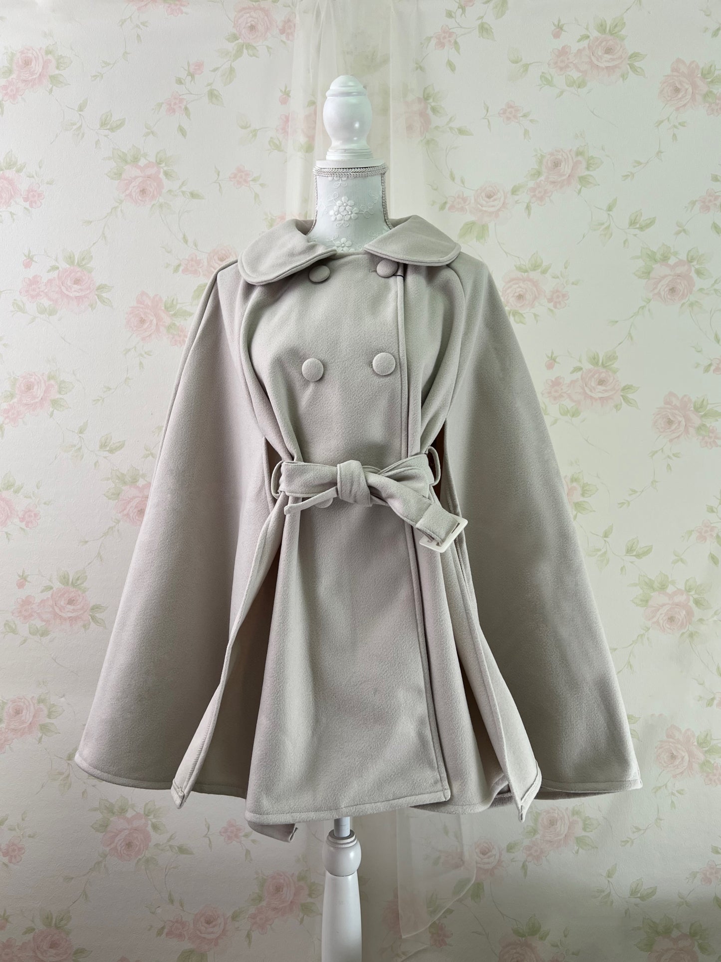 GRL Dolly Collar Button Up Poncho Coat (Beige)