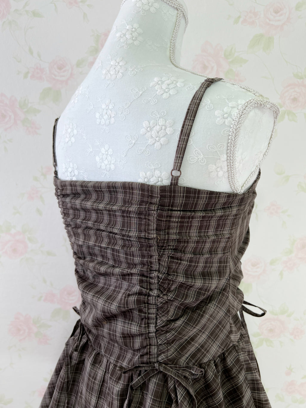 Side String Checked Camisole Dress (Brown)