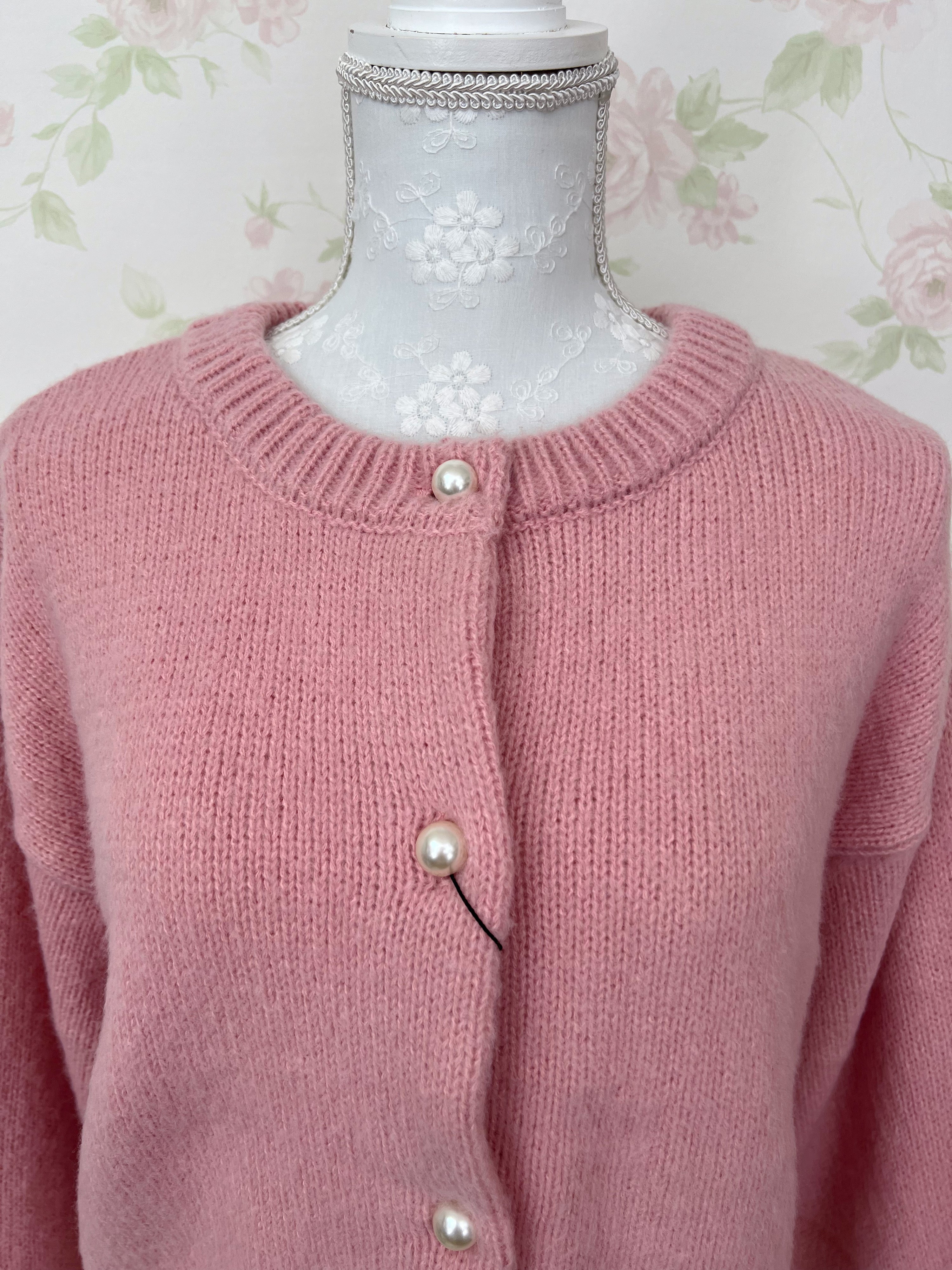 Pearl Button Round Collar Cardigan (Pink)