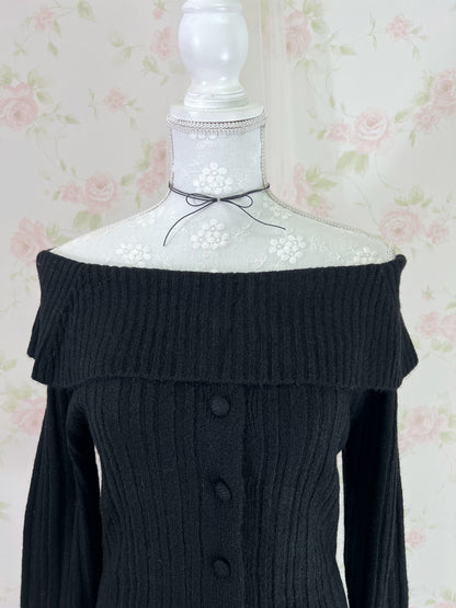 GRL Off Shoulder Button Up Knit Top (Black)