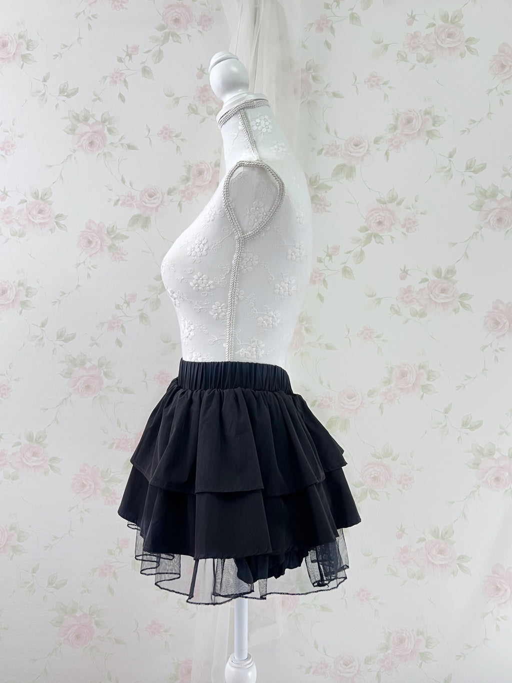 Tulle Hem Tiered Skirt (Black)