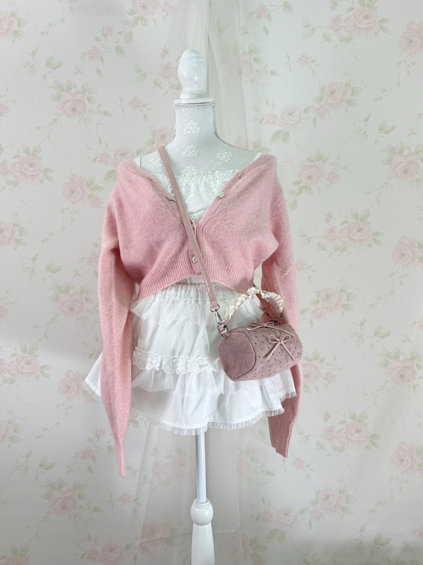 Mohair Touch Pearl Button Cardigan (Pink)