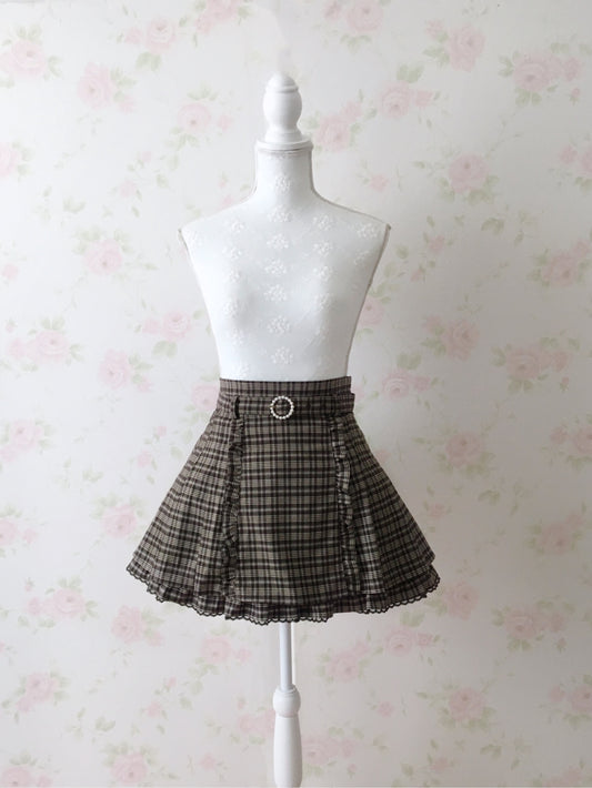 Honey Cinnamon Checked Belt Skirt (Brown)