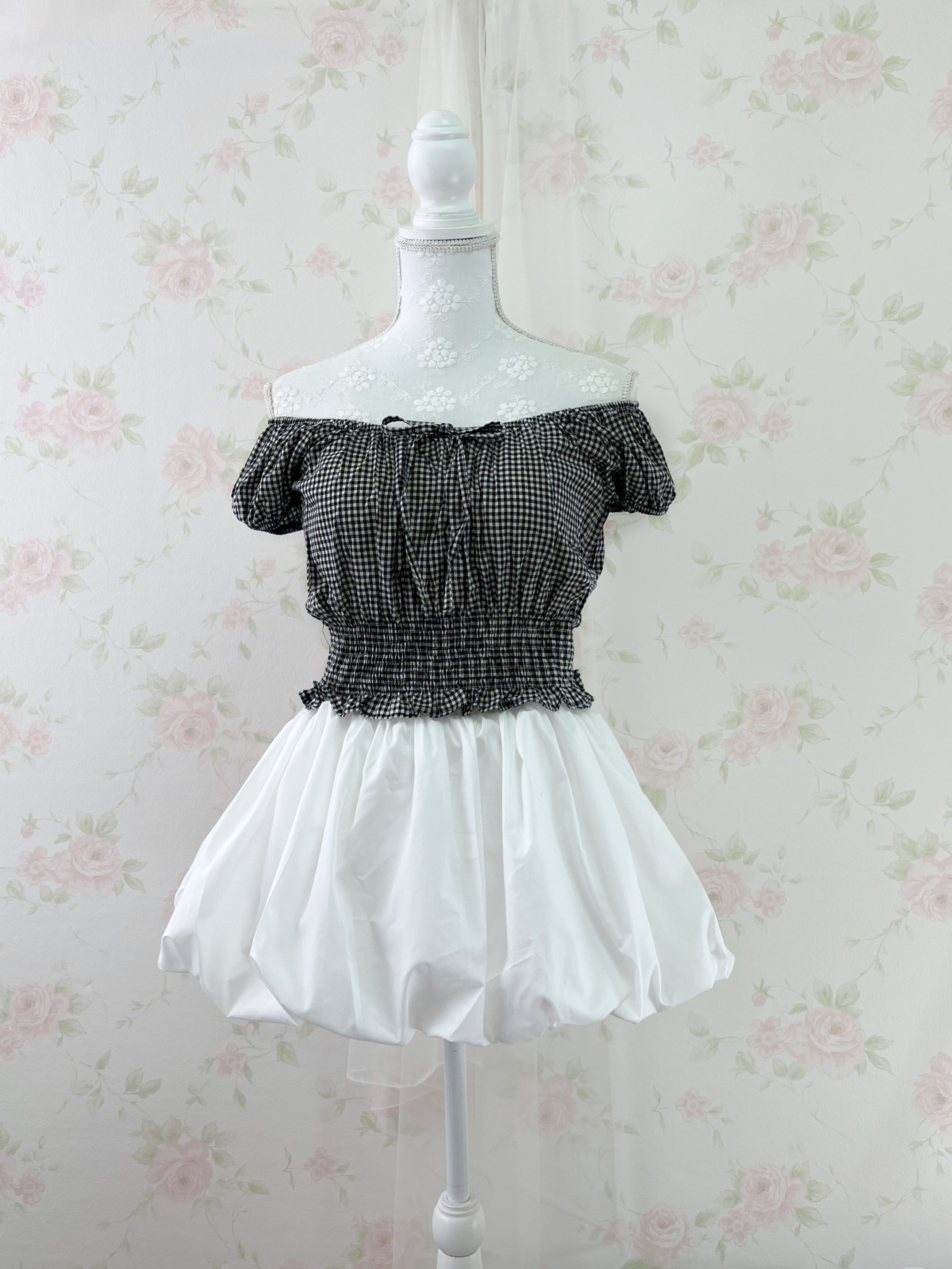 2 Way Gingham Checked Cotton Blouse (Black)