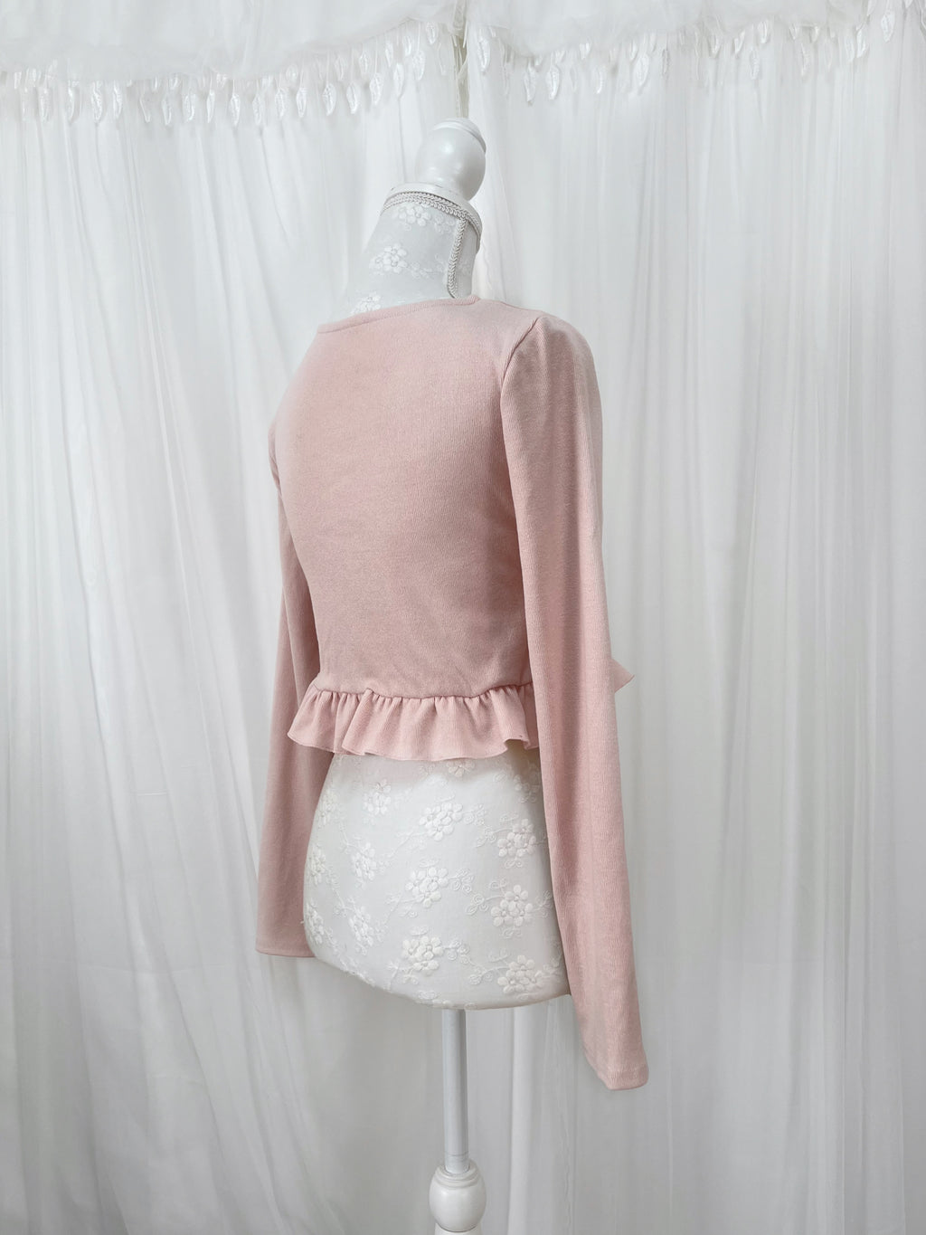 Ruffled Hem Pearl Button Cardigan (Pink)