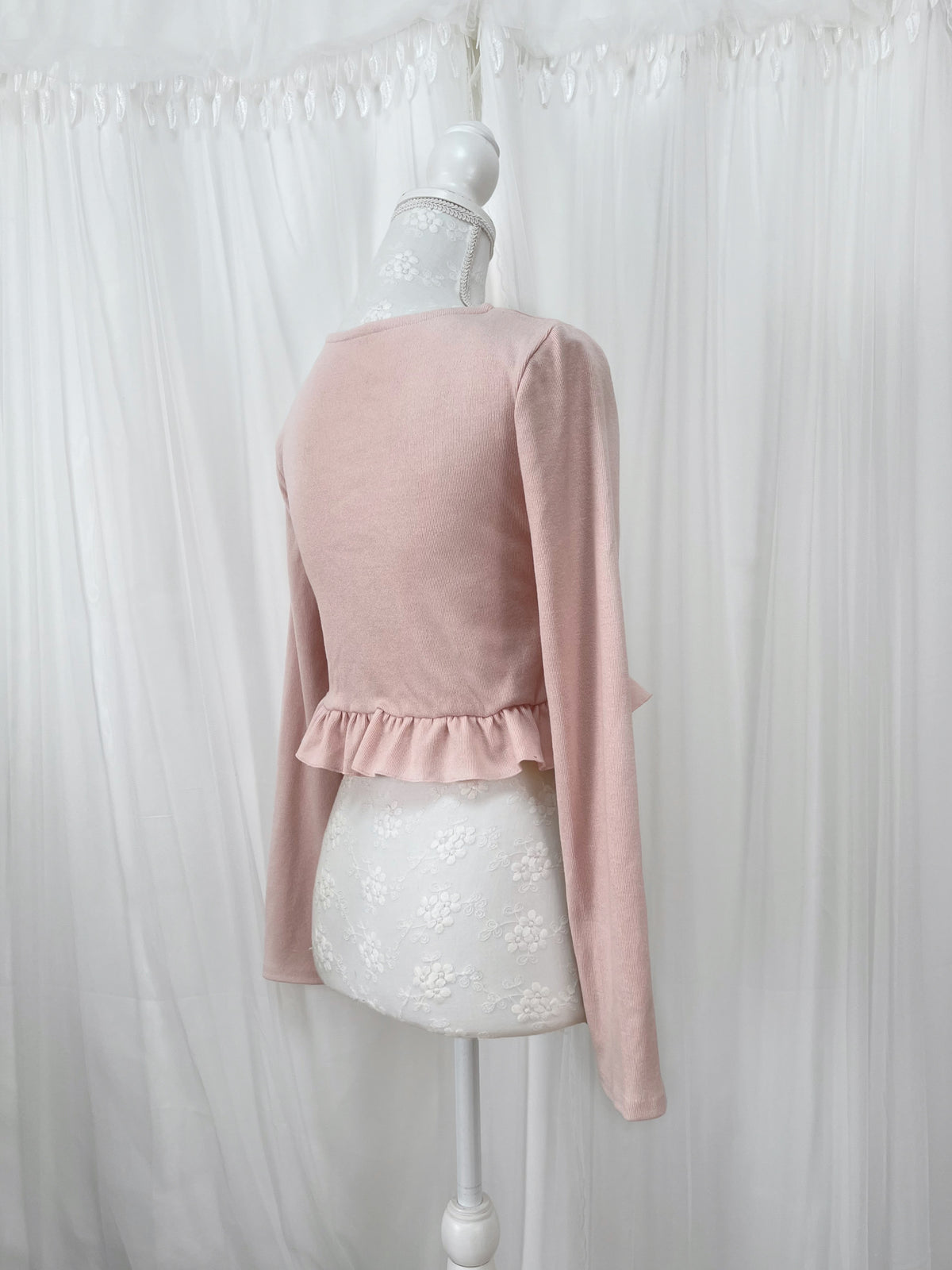 Ruffled Hem Pearl Button Cardigan (Pink)