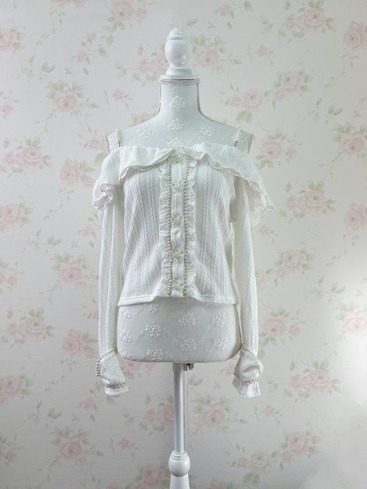Ank Rouge Bow Button Pearl Strap Top (White)