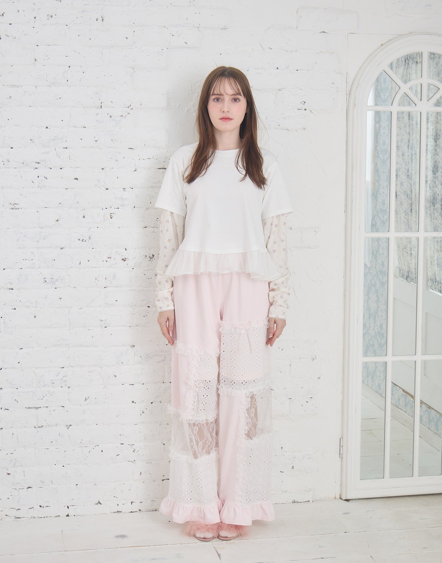 Lolime patchwork lace frill pants