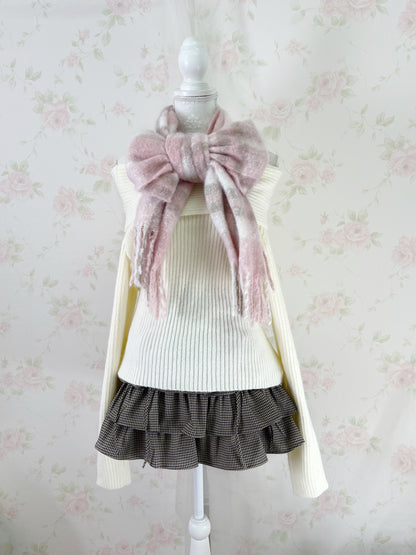 Shoujo Checked Shaggy Scarf (Pink X Milk Tea)