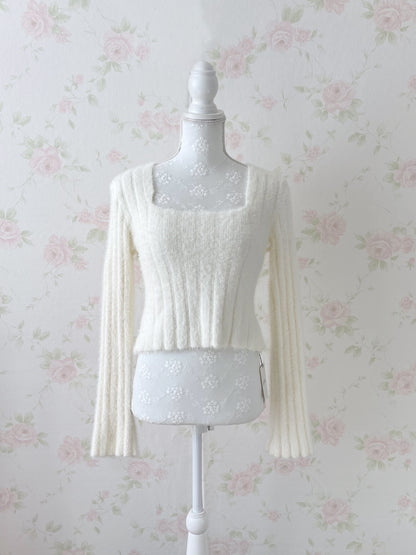GRL Shaggy Square Neck Knit Top (White)