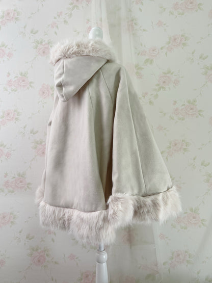 GRL Fake Fur Hood Poncho Coat (Ivory)