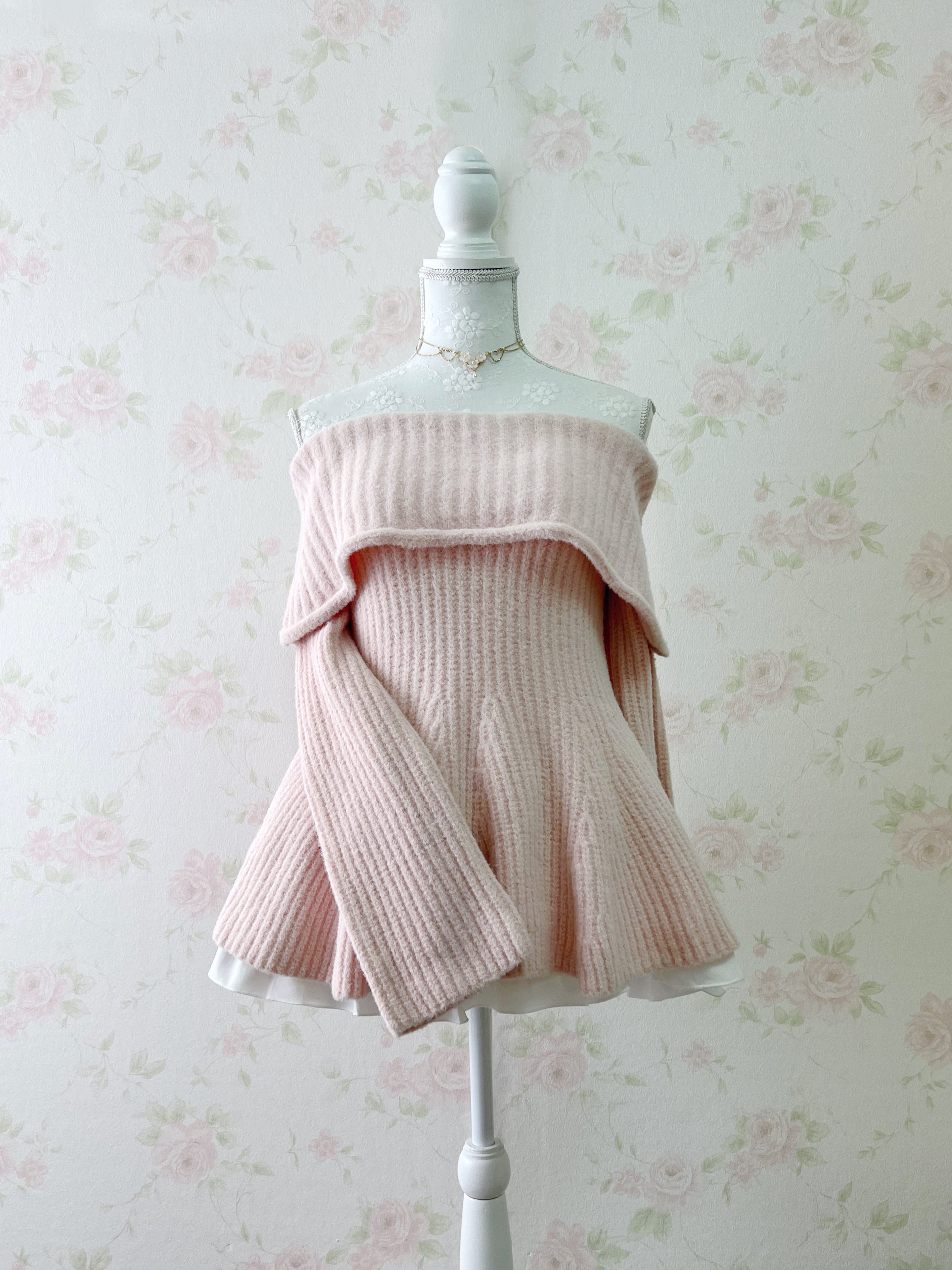 Off Shoulder Wide Sleeved Knit Top (Sakura Pink)