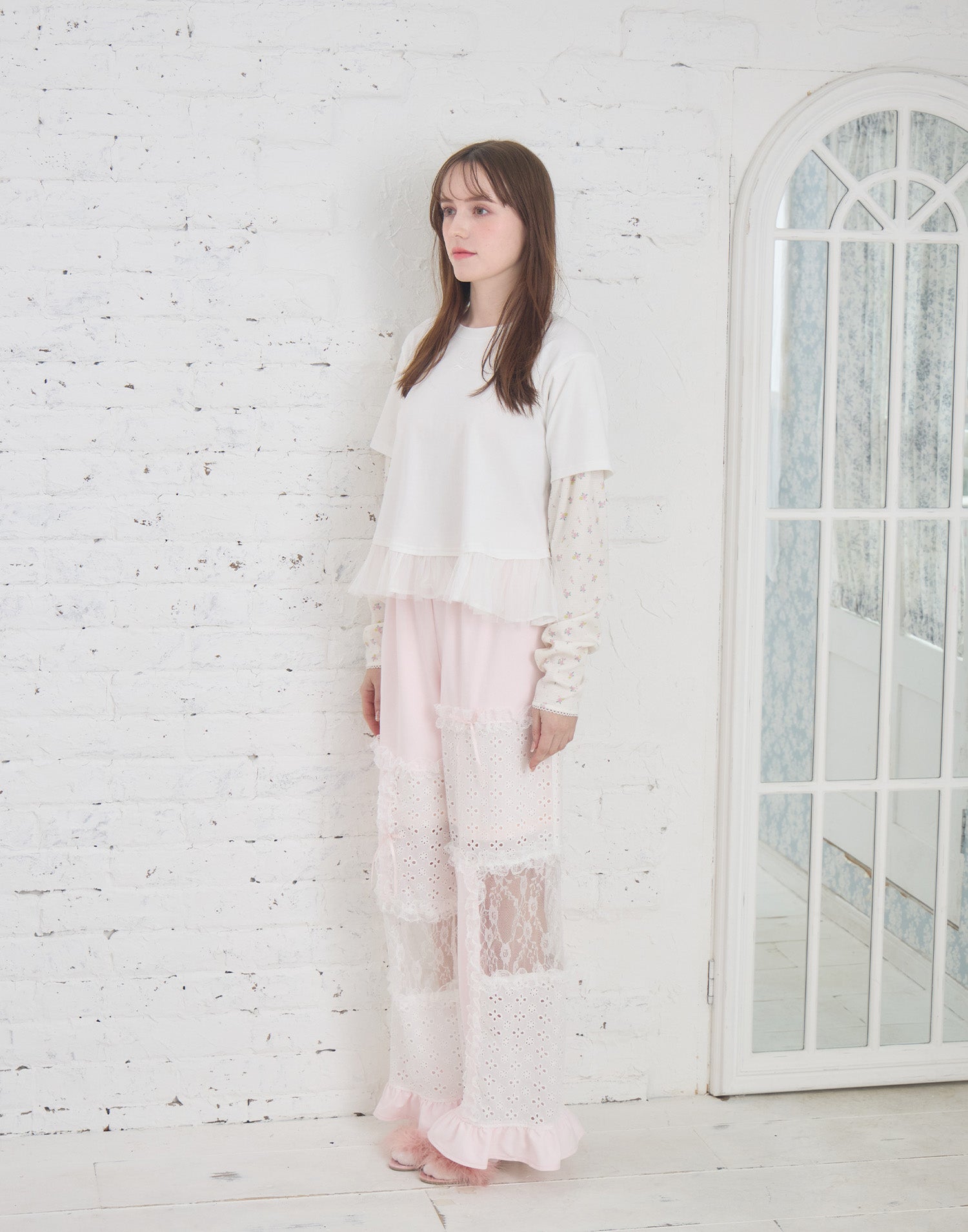 Lolime patchwork lace frill pants