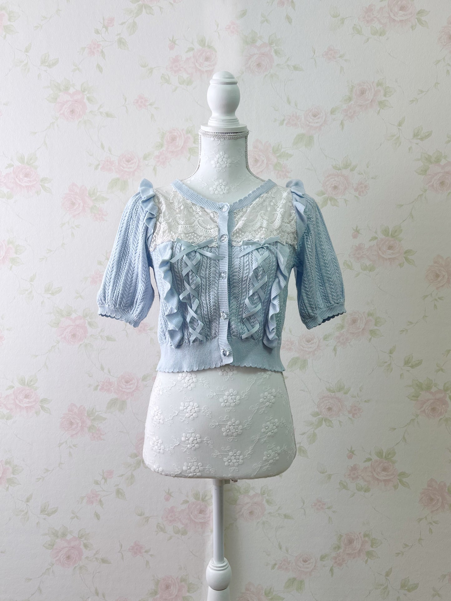 LIZ LISA Laced Up Crystal Button Cardigan (Blue)