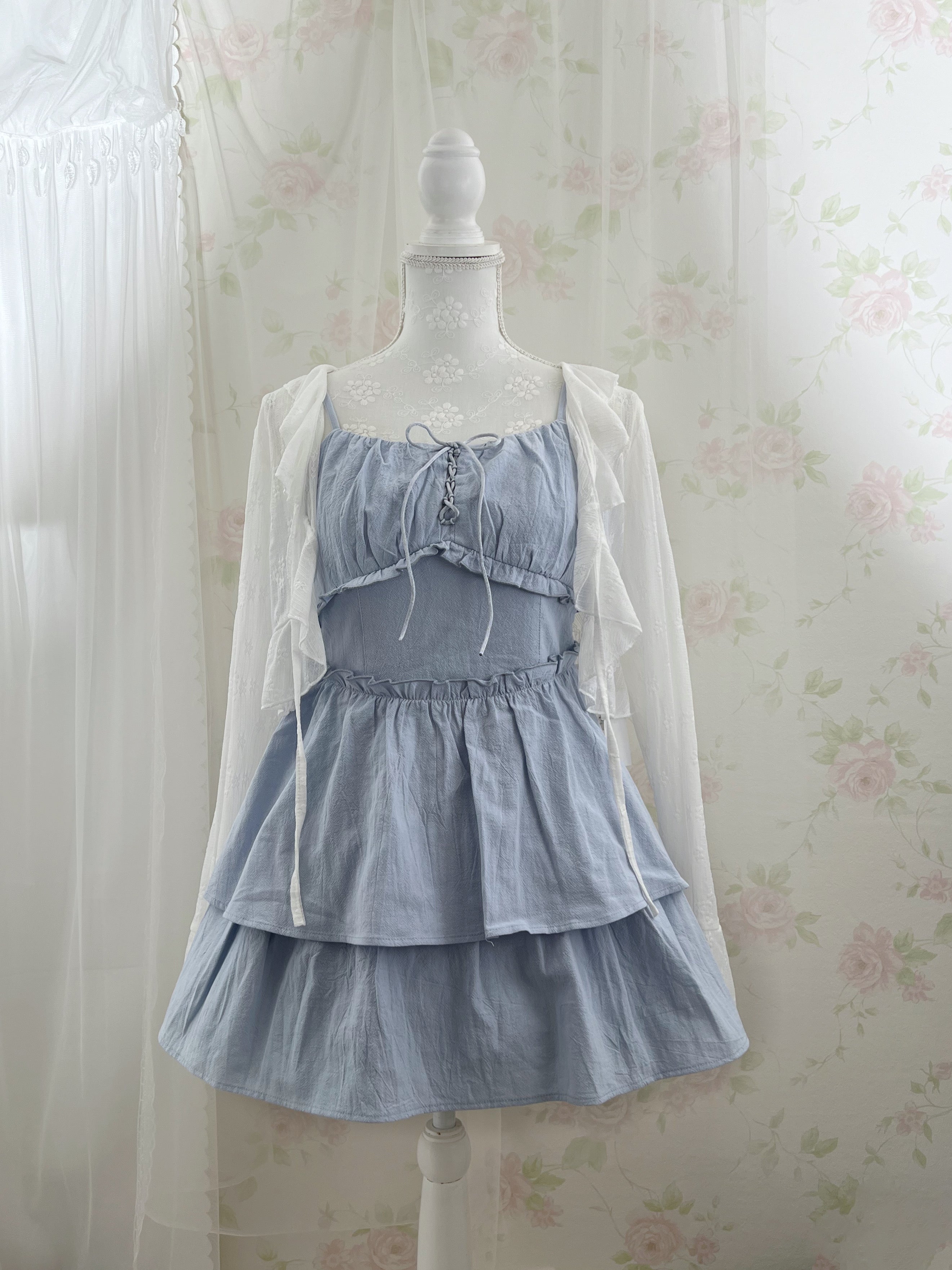 Layered Camisole Summer Cotton Dress (Blue)