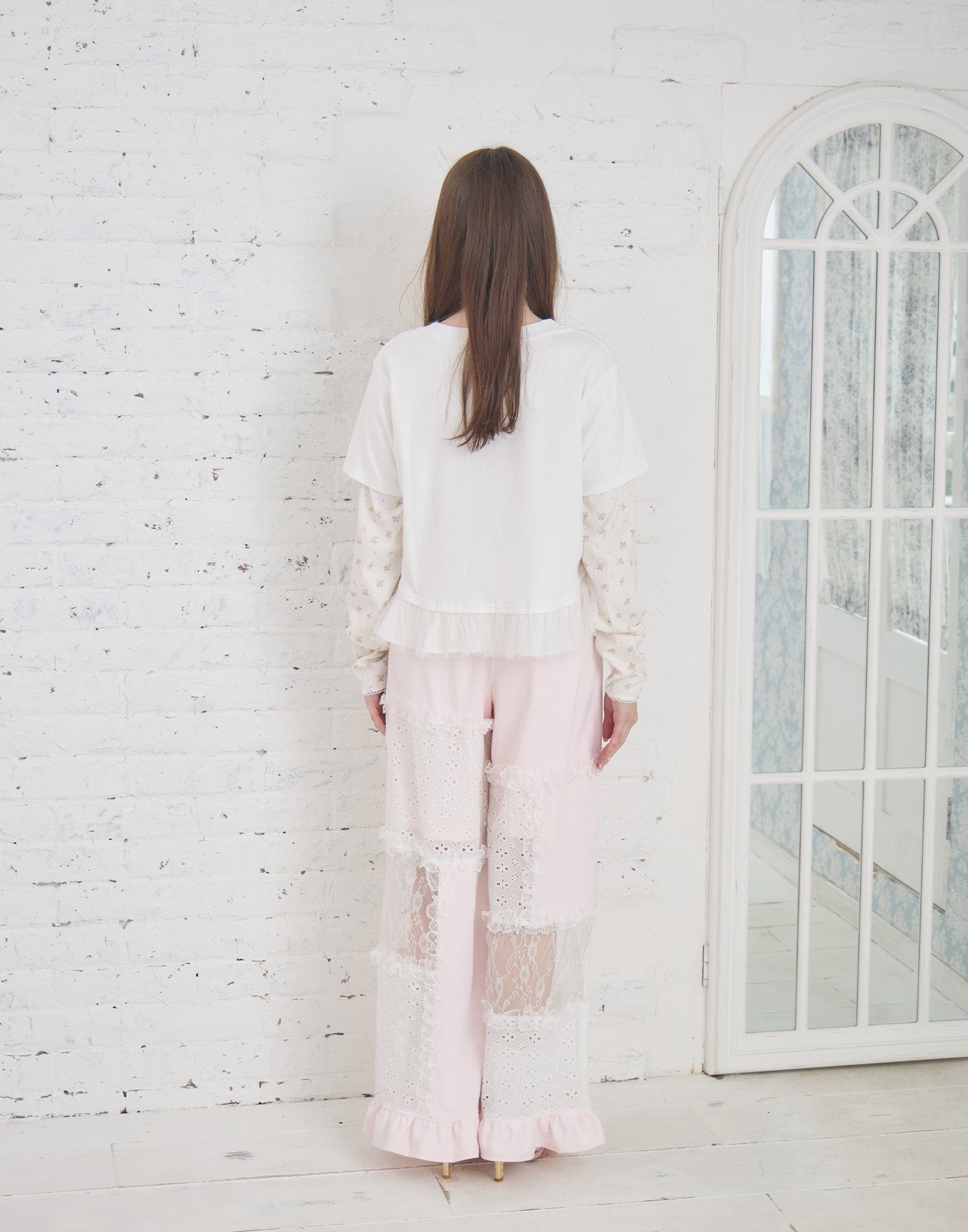 Lolime patchwork lace frill pants