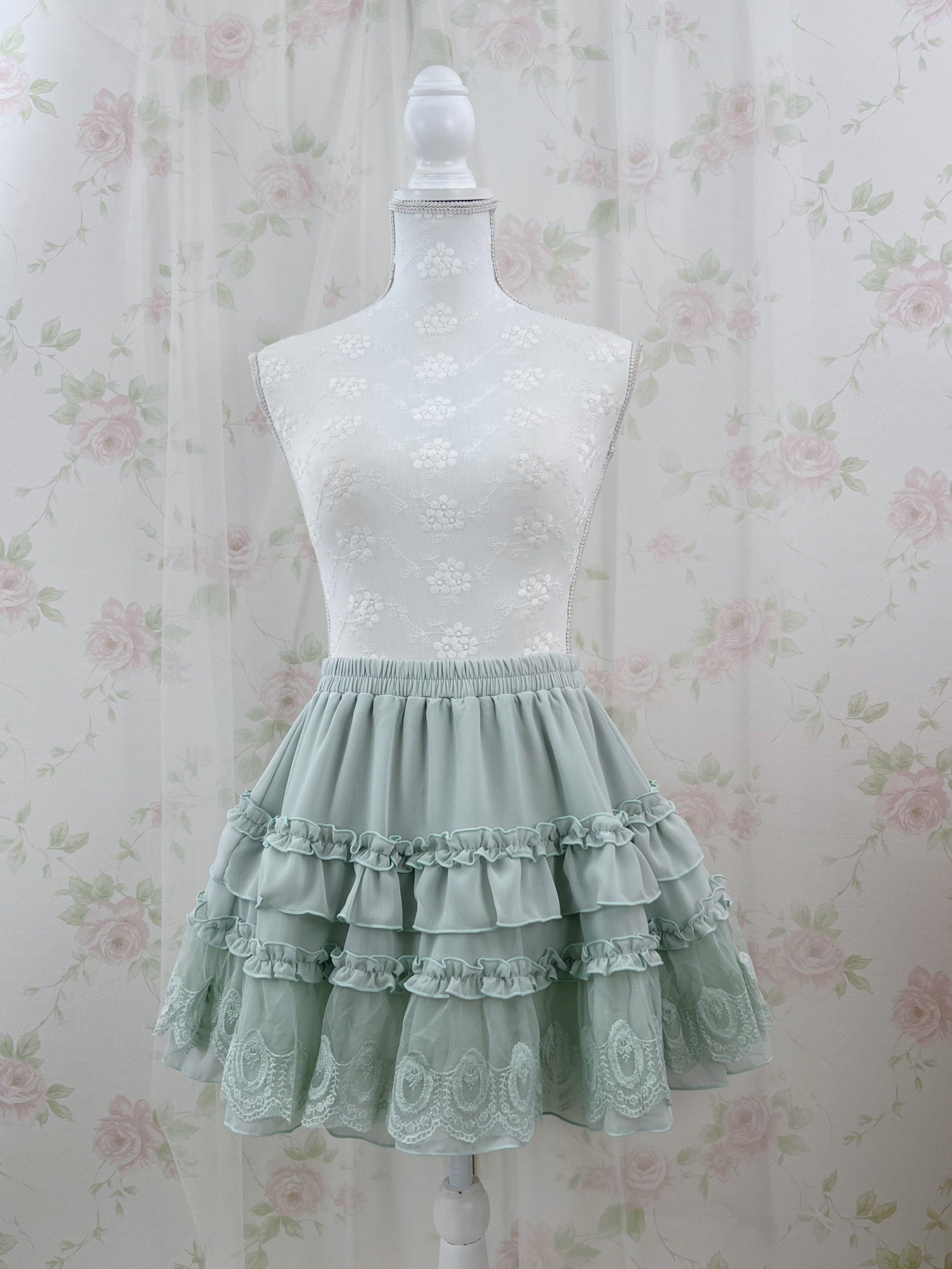 axes femme Lace Hem Chiffon Skirt (Mint Green)