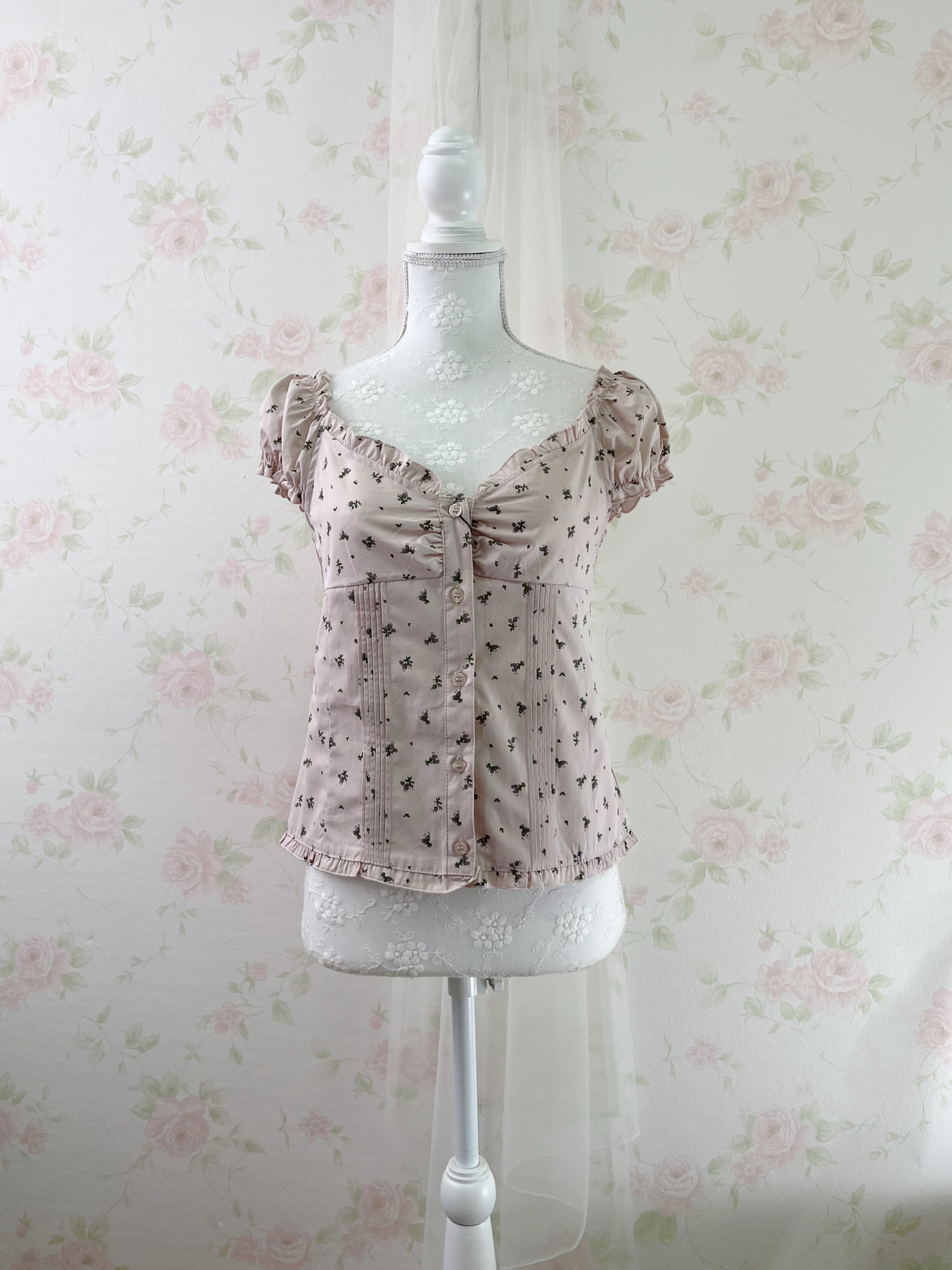 Petite Floral Puff Sleeved Cotton Blouse (Pink)