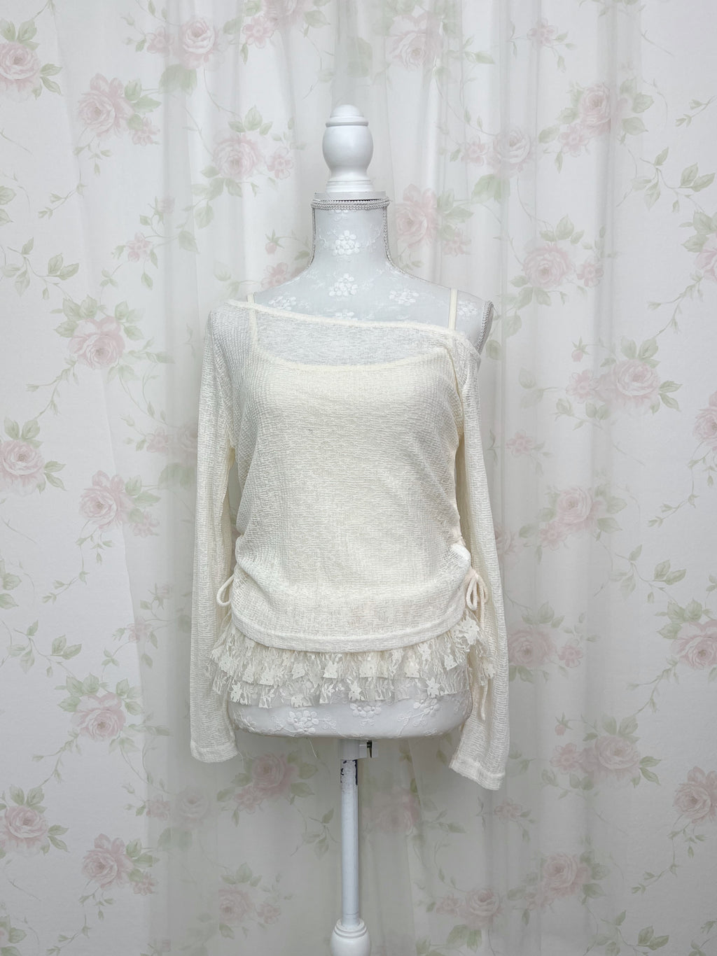 One Shoulder Knit Lace Camisole Set (Ivory)