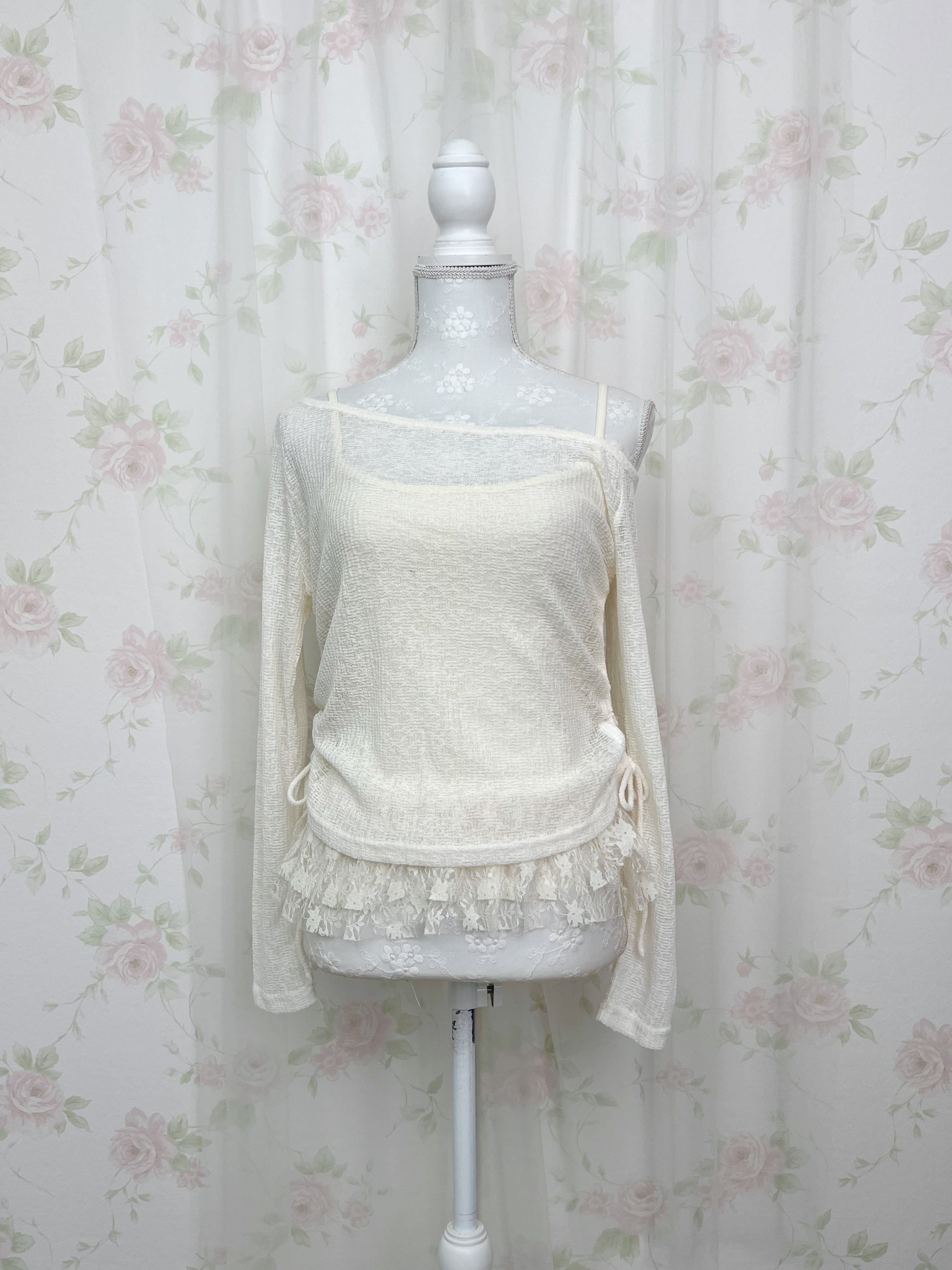 One Shoulder Knit Lace Camisole Set (Ivory)