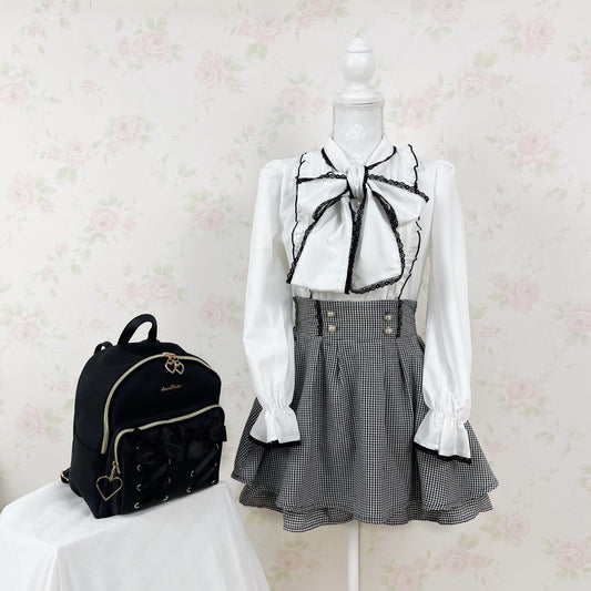 majoretty Pearl Button High Waist Skirt (Black Checked)