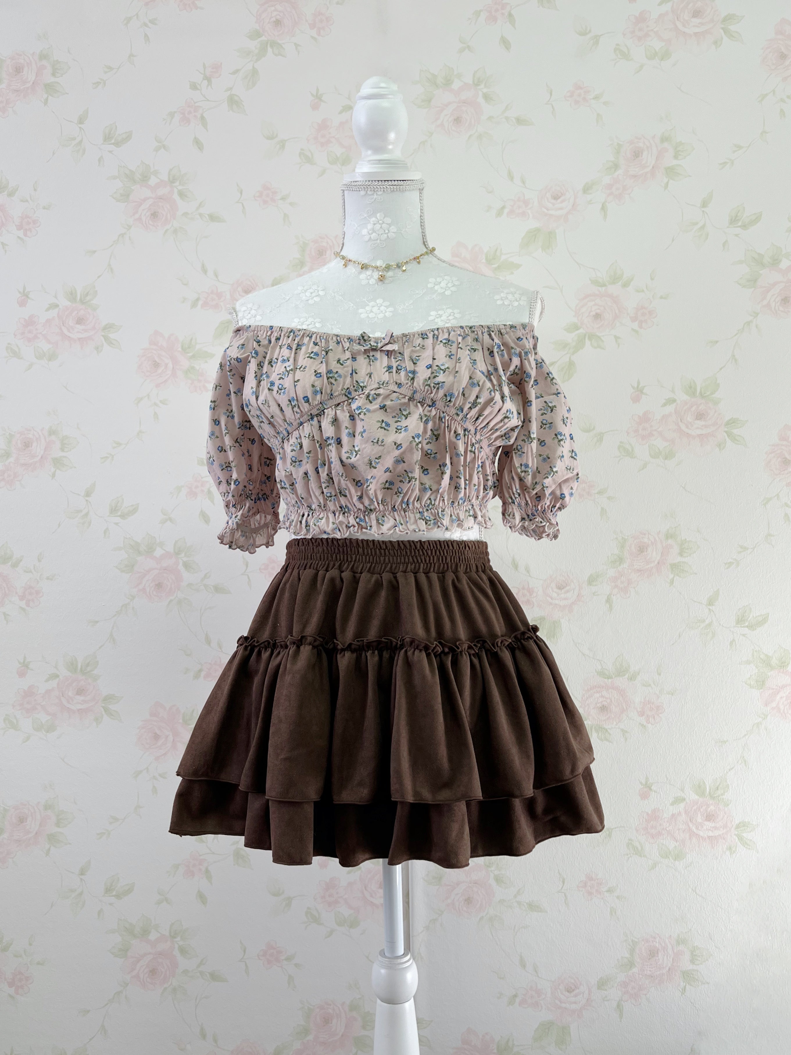 Suede Tiered Skirt (Brown)