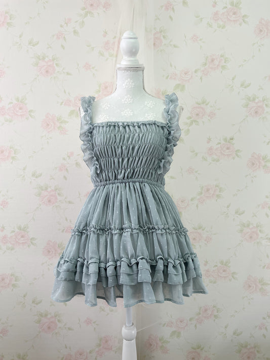 GRL Frilled Strap Tiered Dress (Grayish Blue Green)