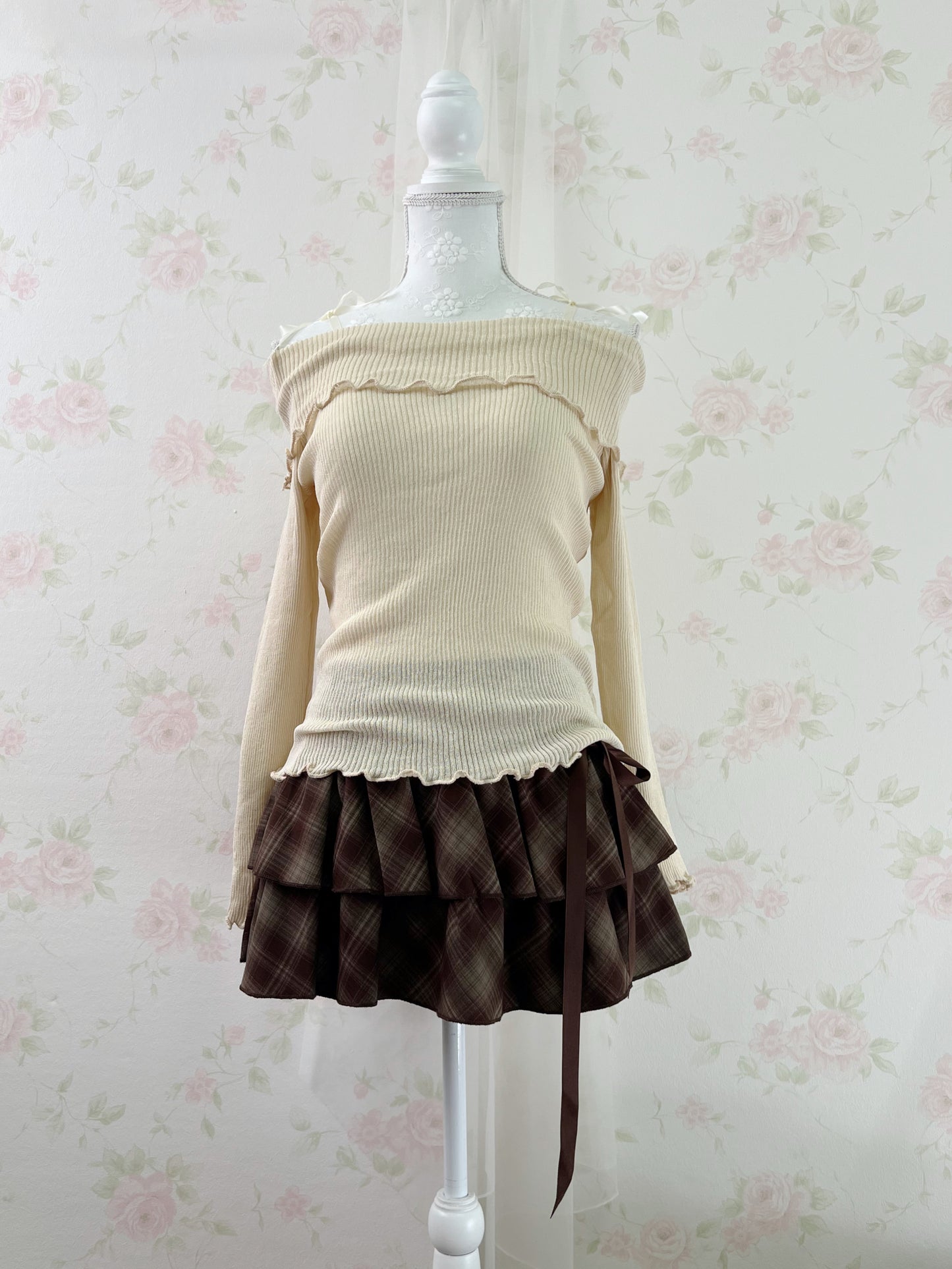 Side Bow Checked Shoujo Mini Skirt (Brown)