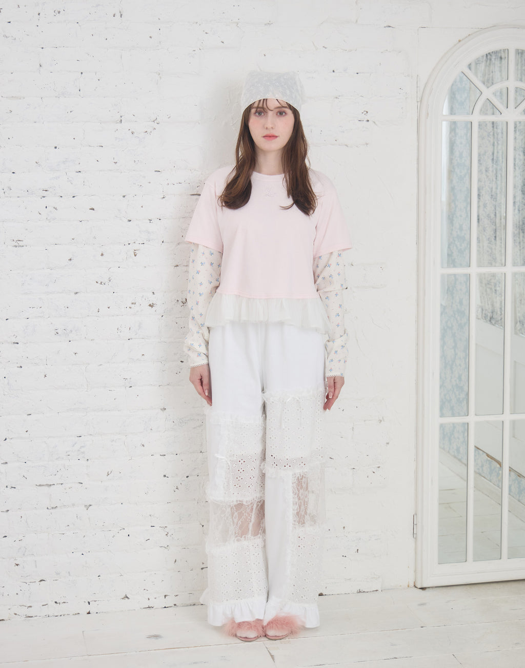 Lolime patchwork lace frill pants