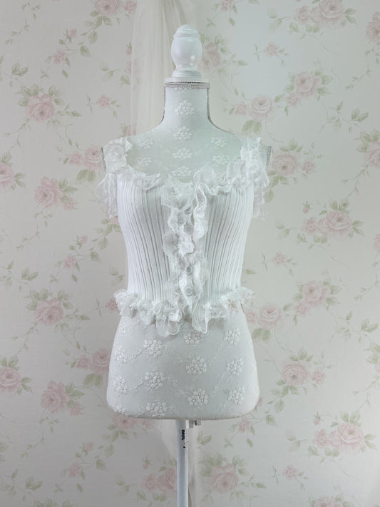 Lacy Ribbed Button Up Tank Top(white)