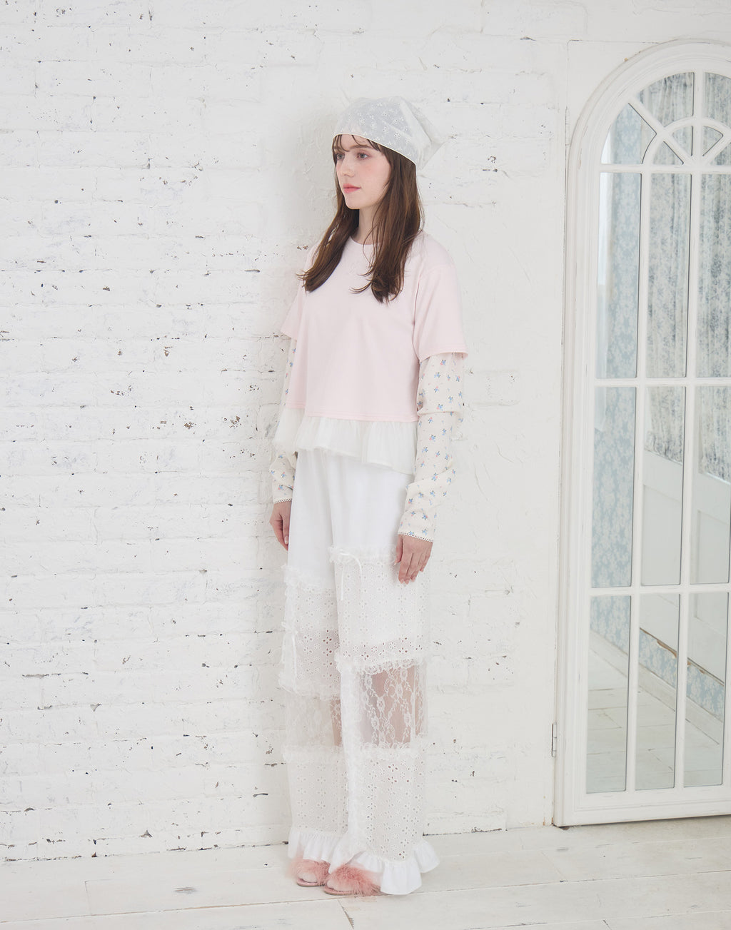 Lolime patchwork lace frill pants