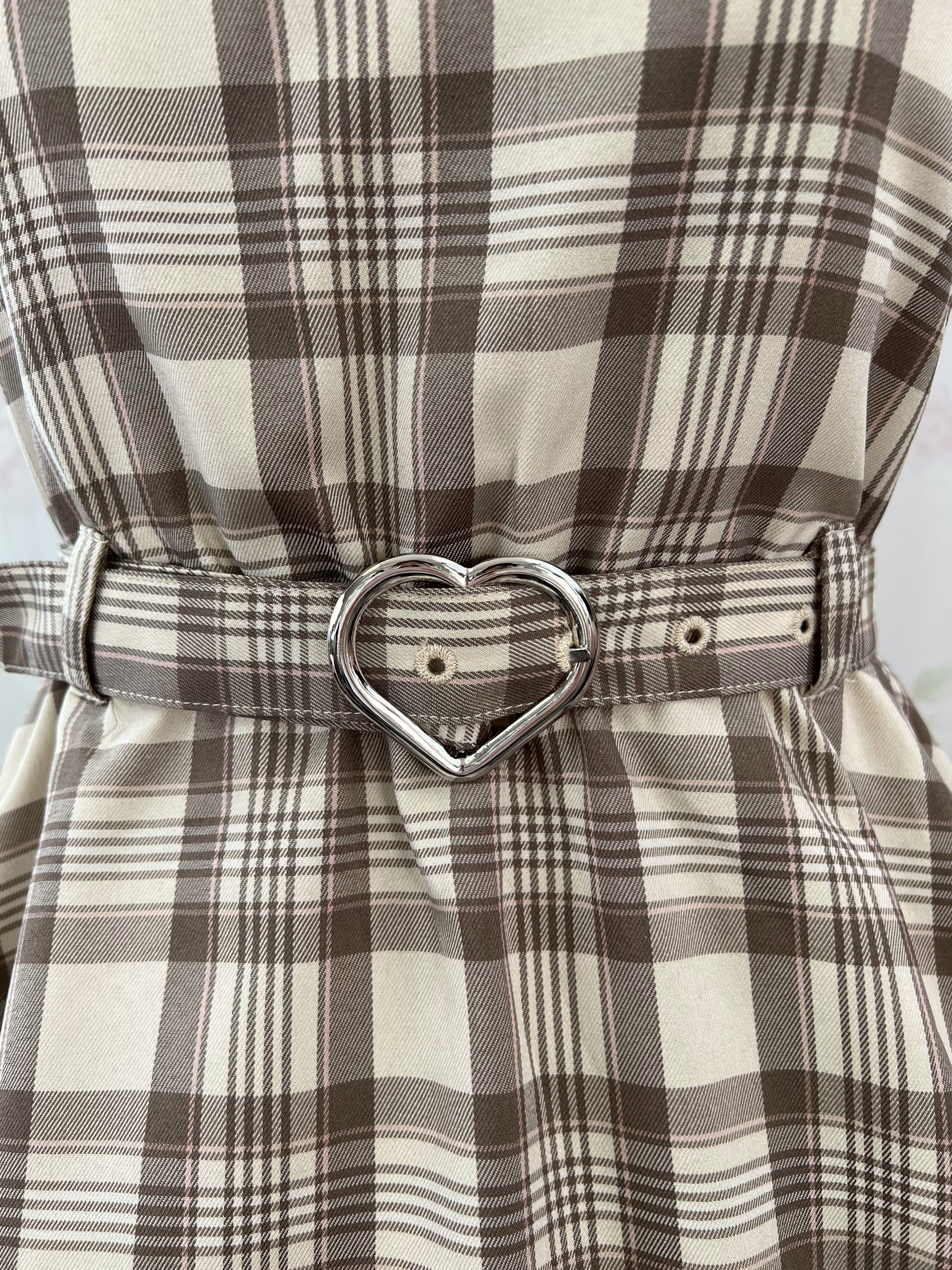 Honey Cinnamon Heart Buckle Belt Checked Dress