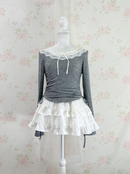 GRL Lacy Off Should  Side String Top (Gray)