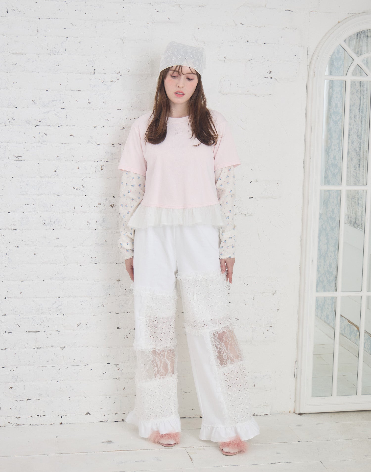 Lolime patchwork lace frill pants