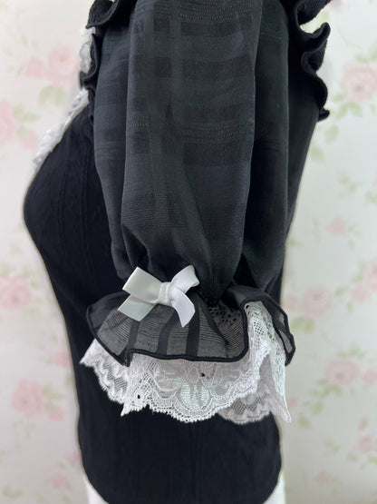 NOEMIE Crystal Heart Bow Lacy Collar Top (Black)