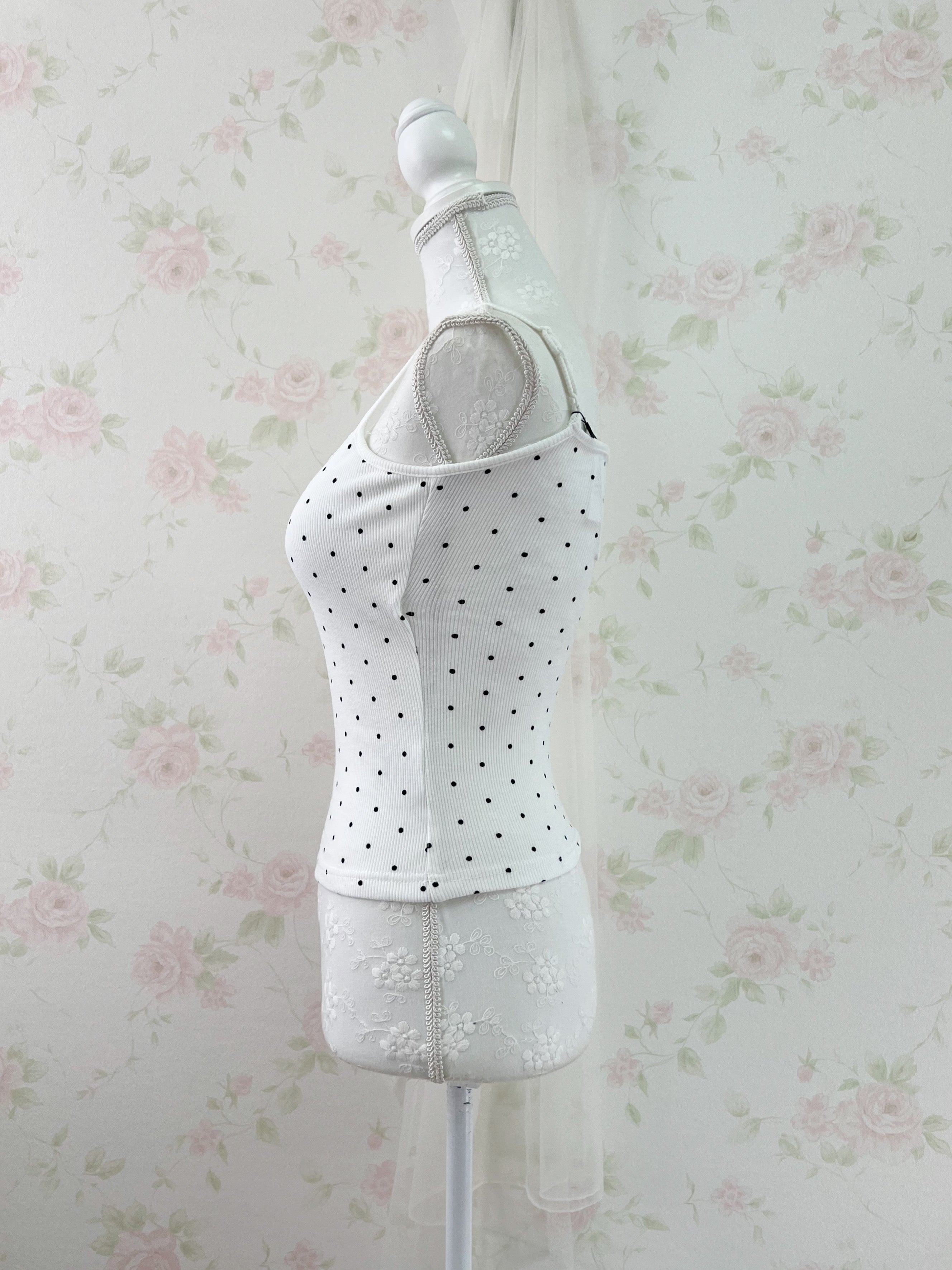 Lace Bow Polka Dot Camisole With Cups (White)