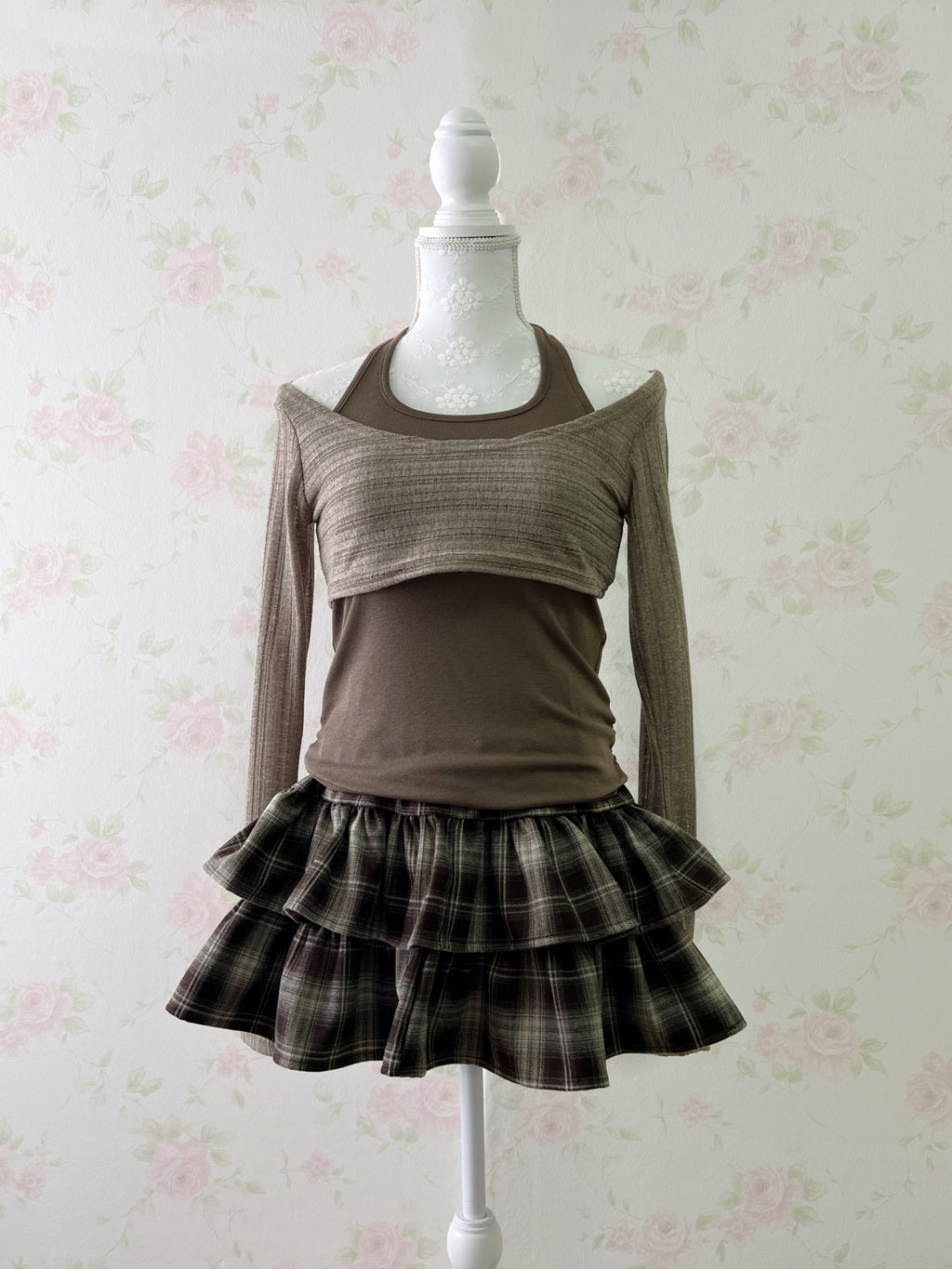 Wide Sleeve Top & Tank Top Set (Brown)
