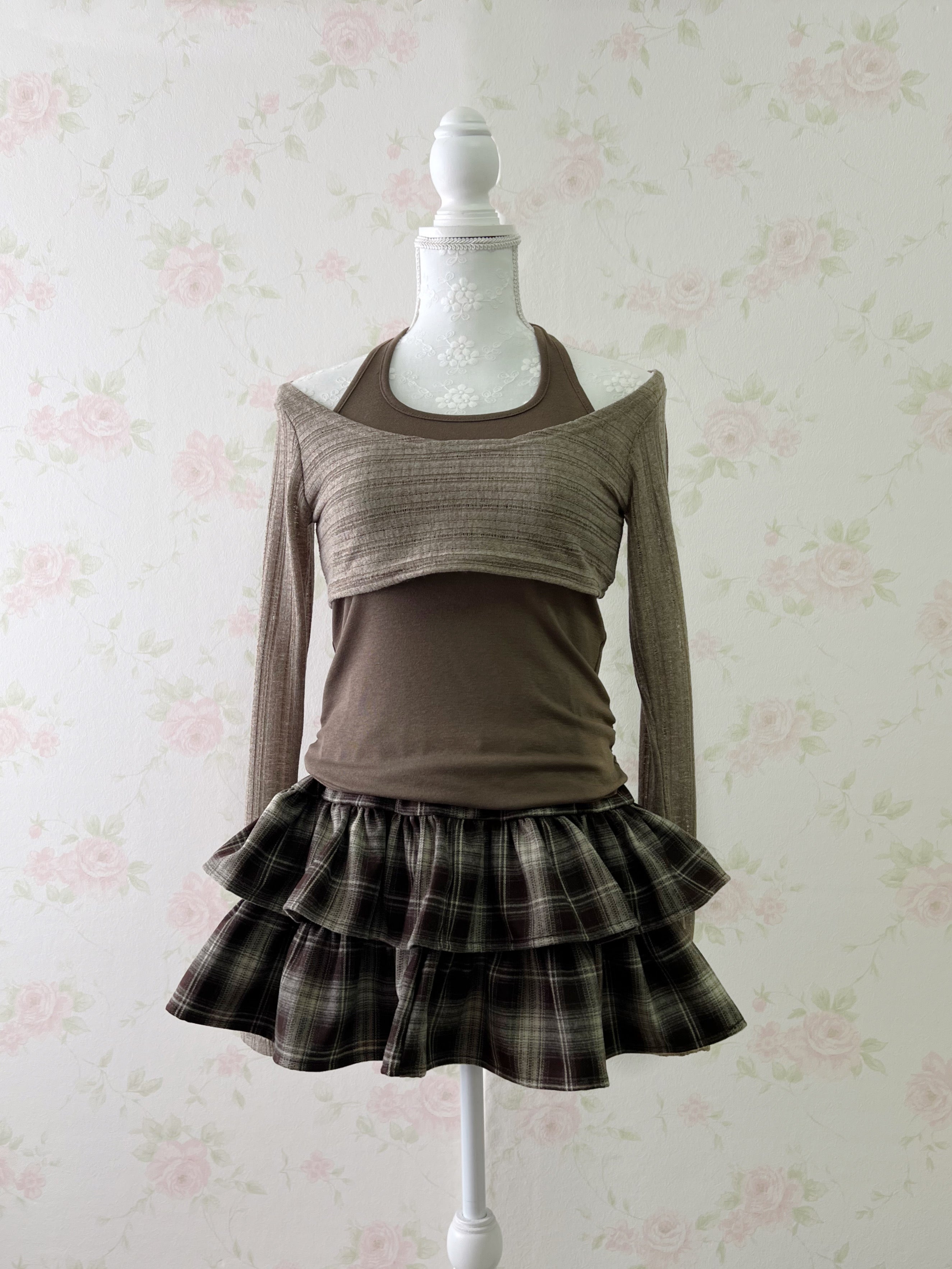 Wide Sleeve Top & Tank Top Set (Brown)