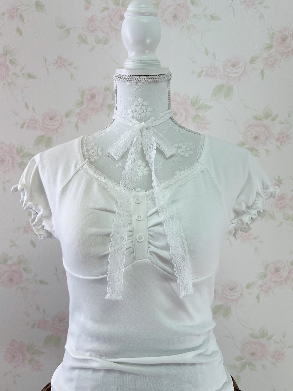Lace Choker Girly Cotton T-Shirt  (White)