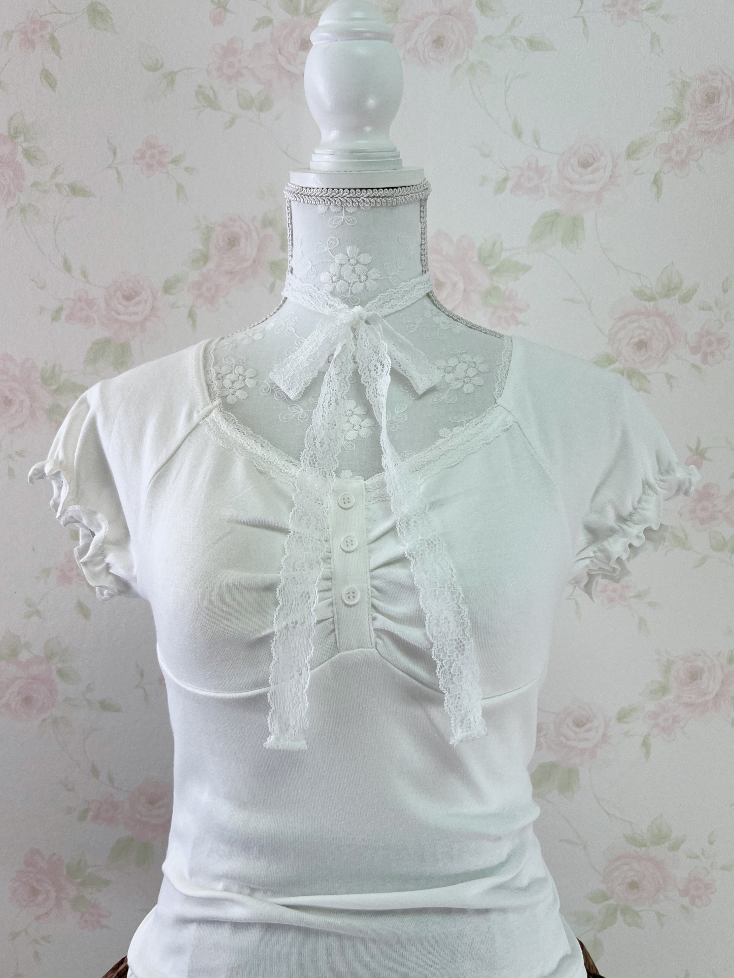 Lace Choker Girly Cotton T-Shirt  (White)