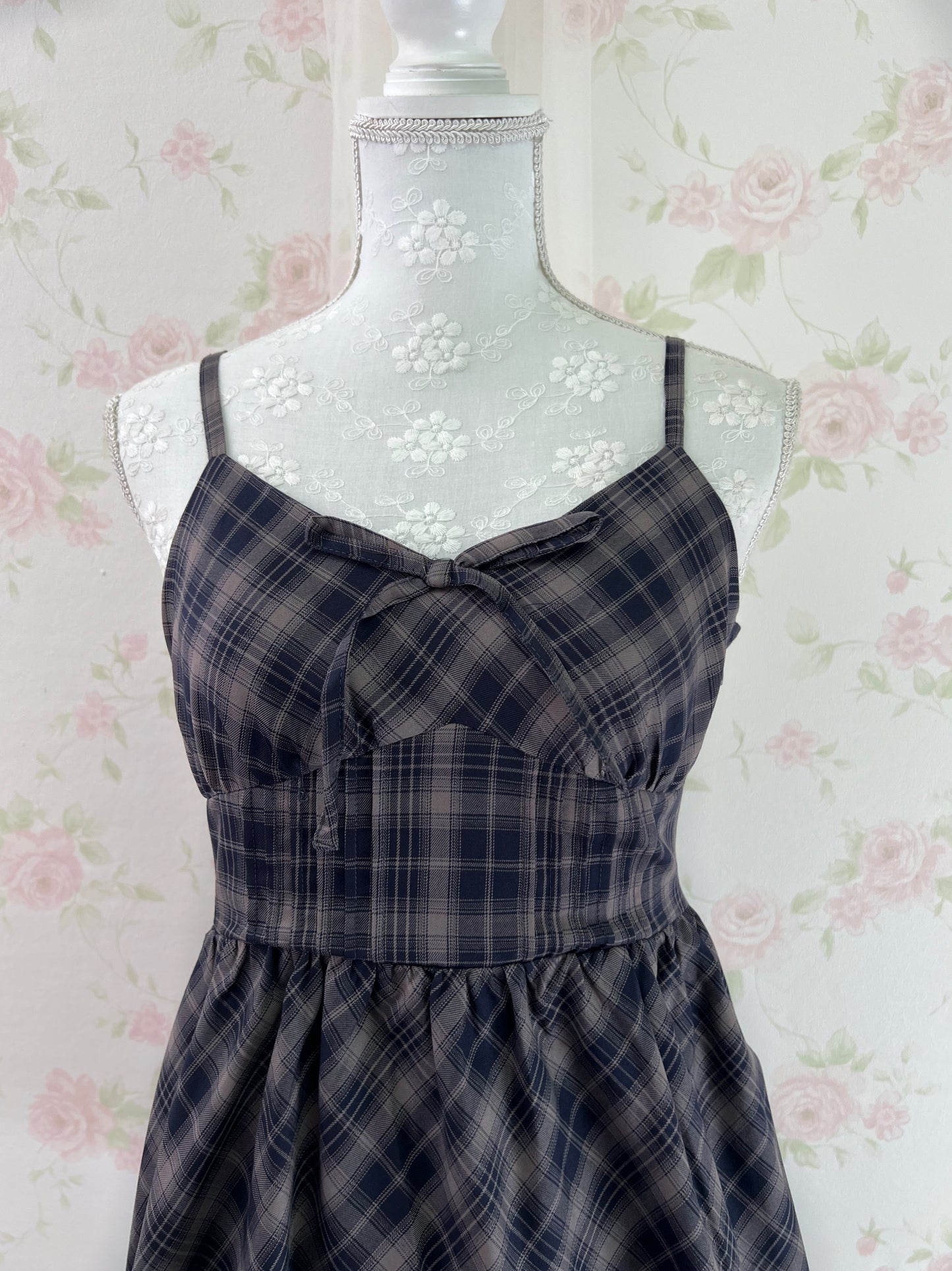 GRL Corset Camisole Checked Dress (Navy)